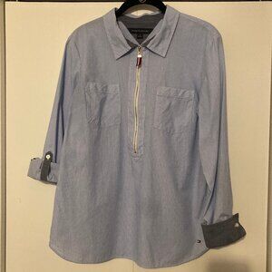Striped Blouse w/ Half-Zip